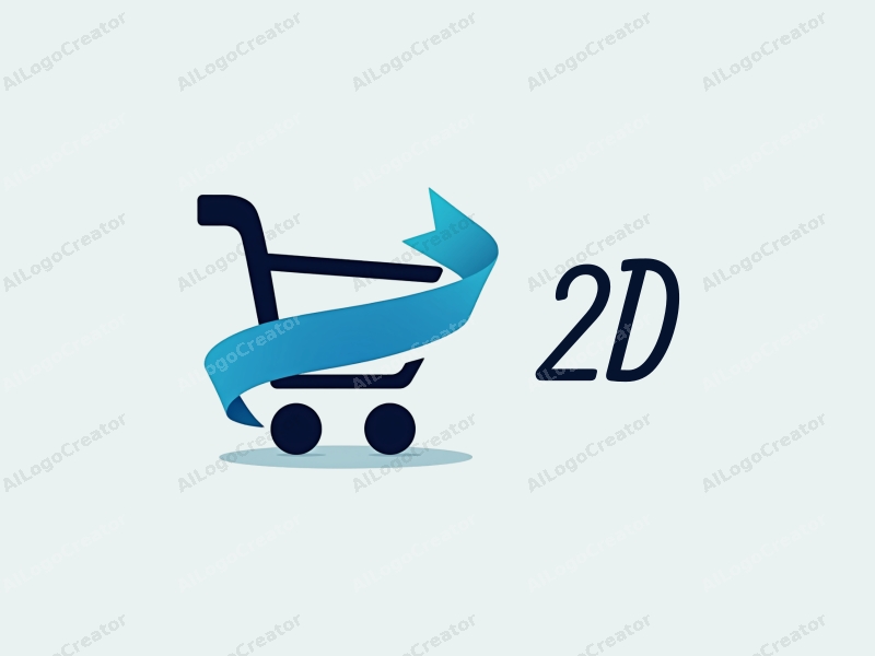 modern design features a stylized shopping cart intertwined with a flowing blue ribbon, utilizing a flat 2D approach combined with a clean background.