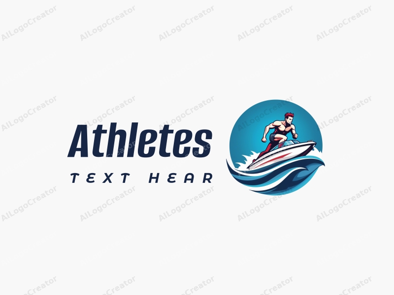 a modern design featuring a dynamic athlete in motion, a stylized speedboat, and elements of competition, combined with a clean blue background.