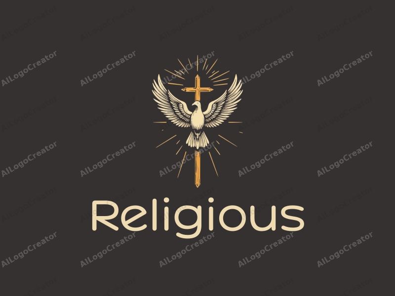 vintage design features a prominent cross, a halo above it, and a dove, all rendered in golden tones, combined with a clean background.