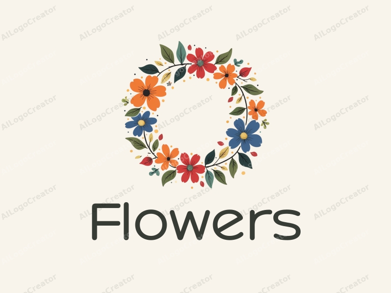 playful design features vibrant flowers and petals arranged in a circular wreath, complemented by playful leaves, all set against a clean background.