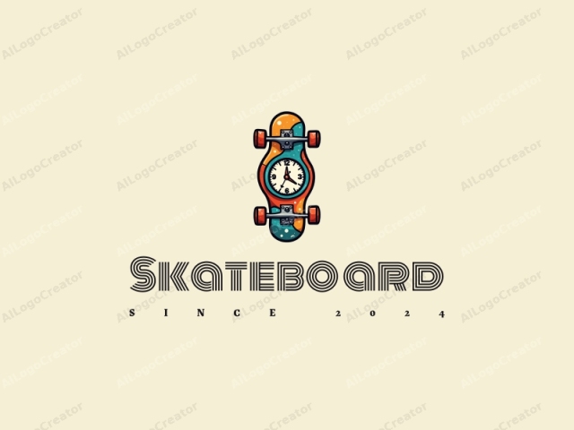 lustiges Design, das ein lebendiges Skateboard mit einer stilisierten Uhr verwebt, unter Verwendung eines farbenfrohen Ansatzes kombiniert mit einem sauberen Hintergrund.