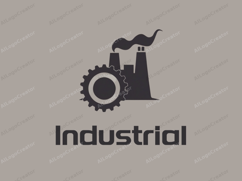 a modern minimalist design featuring a stylized factory silhouette, interlocking gears, and a sleek building outline combined with a clean gray and black background.