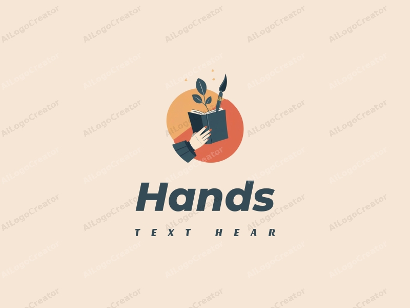 a modern design featuring a hand holding a book and a paintbrush, with a clean background and a focus on simplicity and harmony.