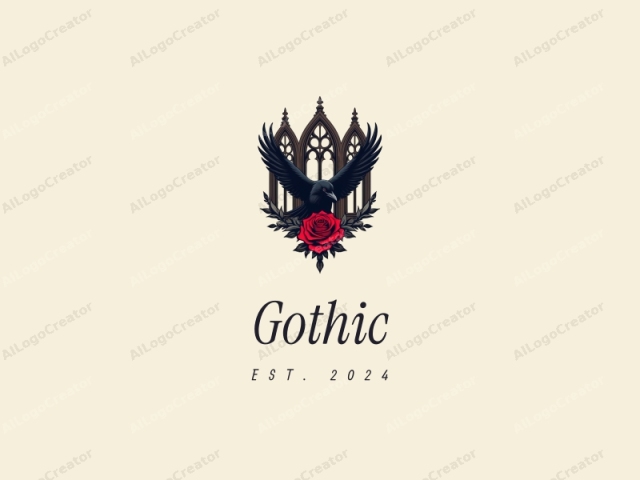 การออกแบบ Gothic มีหน้าต่างโค้งคมและ flying buttresses รวมกับราฟฟอยน์สีดำและกุหลาบสีแดง ตั้งอยู่บนพื้นหลังที่สะอาด