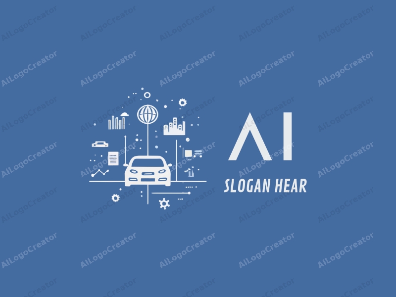 a modern design featuring abstract representations of intelligence and algorithms, combined with stylized car silhouettes and data visualizations, all set against a clean blue background.