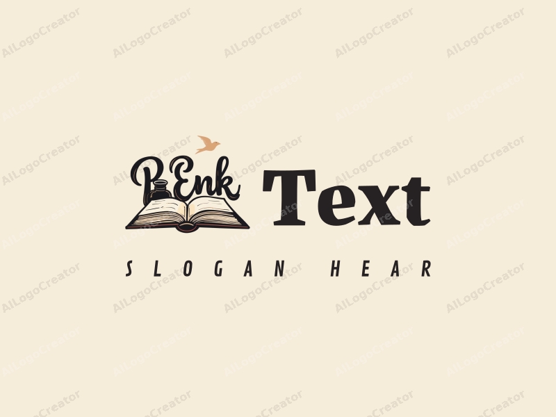 modern design features stylized text and font, an open book, and an ink bottle, combined with a clean background.