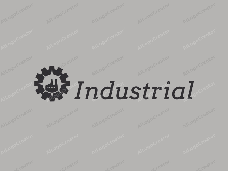 a modern minimalist design featuring a stylized factory silhouette, interlocking gears, and a guiding needle, combined with a clean gray and black background.