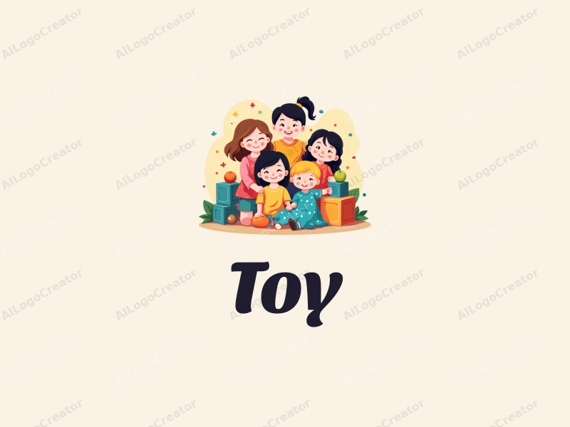 playful design features a whimsical arrangement of dolls, puzzles, plush toys, and building blocks, combined with a vibrant and colorful background.