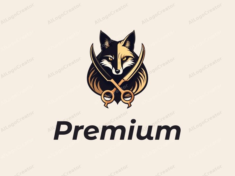 a modern design featuring a stylized fox intertwined with elegant scissors, using a gold and black color palette, creating a luxurious and high-end aesthetic with a clean background.