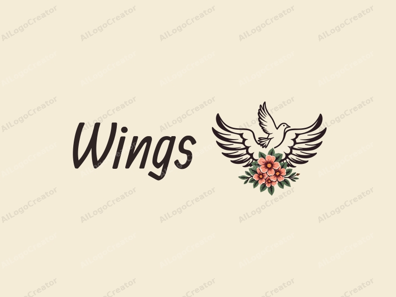 playful design features stylized wings and a flying peace dove surrounded by flowers, combined with a clean background.