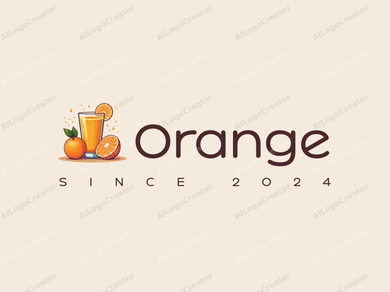 playful design features a vibrant orange, a stylized juice cup filled with fresh orange juice, and a cheerful fresh orange, combined with a clean background.