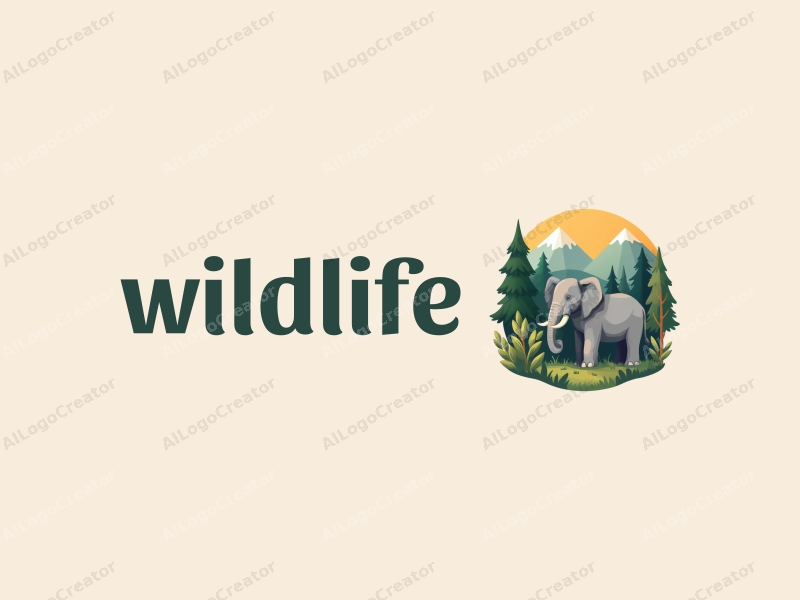 playful design features a stylized elephant amidst a lush forest, incorporating elements of wildlife and nature landscapes, with a clean background and harmonious composition.