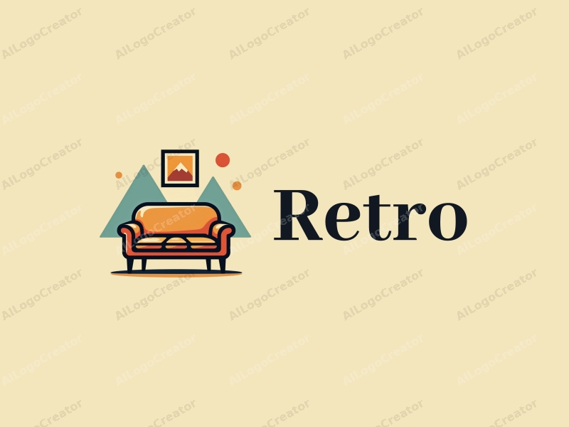 vintage design features a retro sofa and a retro poster, combined with triangular shapes and a creative approach, set against a clean background.