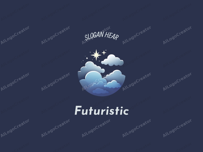 a modern design featuring stylized stars and clouds, incorporating a futuristic and innovative approach with a clean background in silver and blue tones.