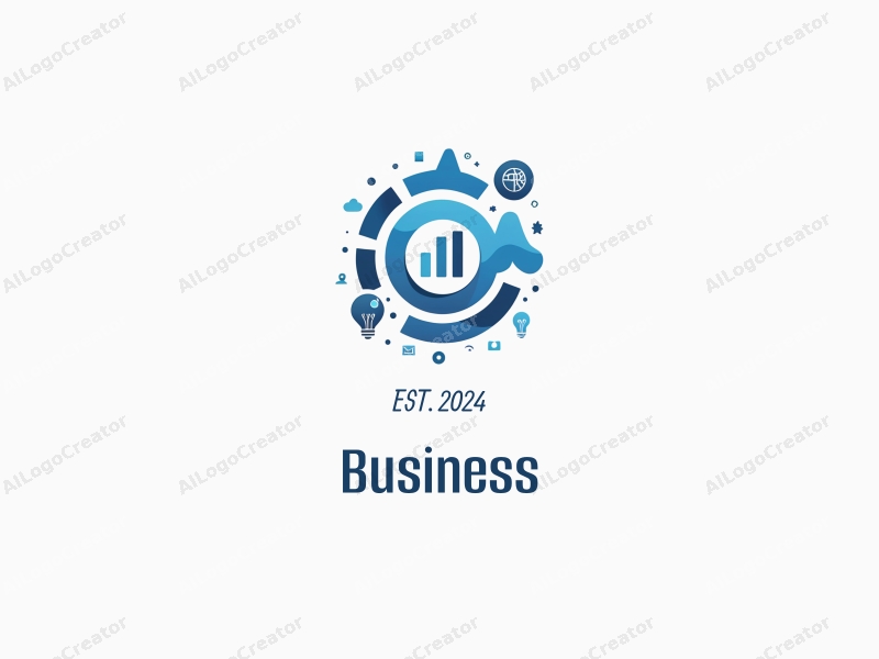 a modern design featuring abstract representations of business and office elements, incorporating data analysis and innovation concepts, using a blue color palette with a clean and simple composition.