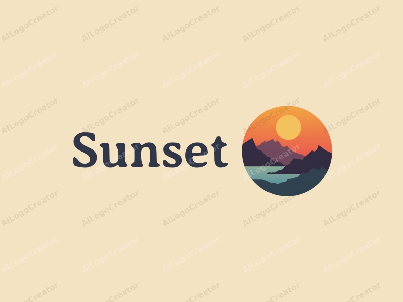 vintage design features a stylized sunset over mountains and ocean, with a harmonious blend of orange and purple colors, creating a clean and simple composition.