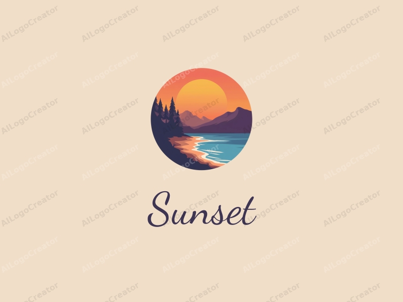 vintage design features a stylized sunset over a beach with mountains in the background, using a harmonious blend of orange and purple colors, combined with a clean and simple composition.