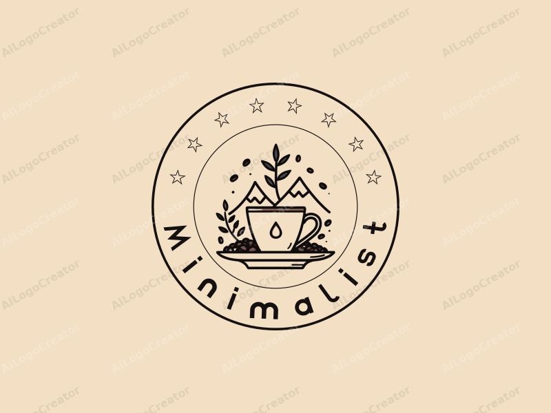 minimalist design features a stylized coffee cup with mountains in the background, coffee beans scattered around, and a simple coffee tree silhouette, combined with clean lines and a harmonious layout.