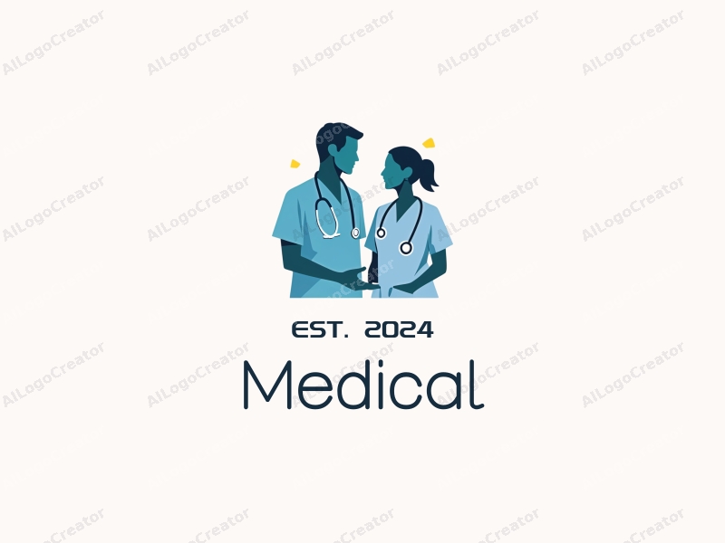 modern design features a stylized hospital silhouette, a doctor and nurse interacting, and a stethoscope integrated into the composition, combined with a clean background.