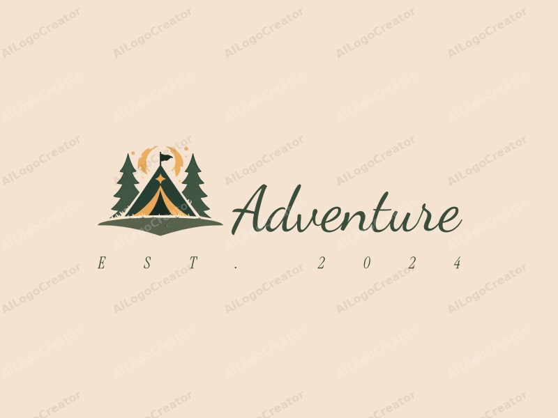 exploratory design features a stylized tent and compass, combined with a clean background, emphasizing adventure and outdoor activities in green and brown tones.