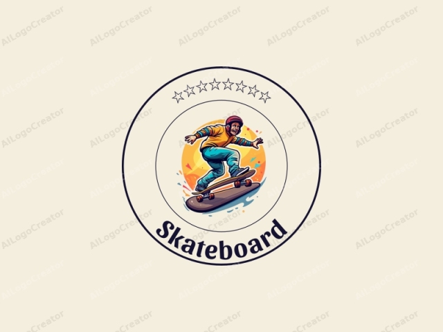 Freundliches Design mit einem lebendigen Skateboard, dynamischen Bewegungslinien und karikatürhaften Figuren, kombiniert mit einem sauberen Hintergrund.