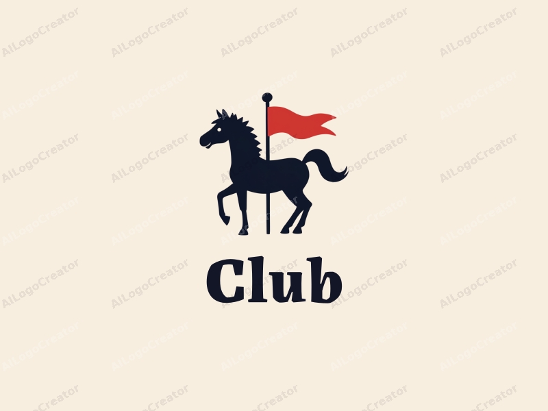 a modern design featuring a black horse and a red flag, symbolizing entertainment and social interaction, combined with a clean background for a harmonious and simple composition.