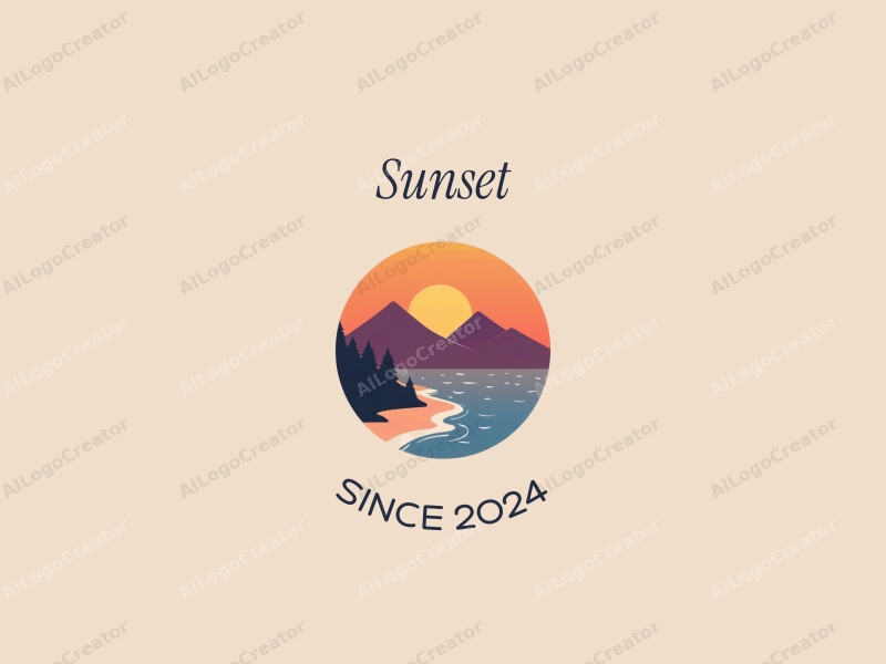 vintage design features a stylized sunset over a beach with mountains in the background, using a harmonious blend of orange and purple colors, combined with a clean and simple composition.