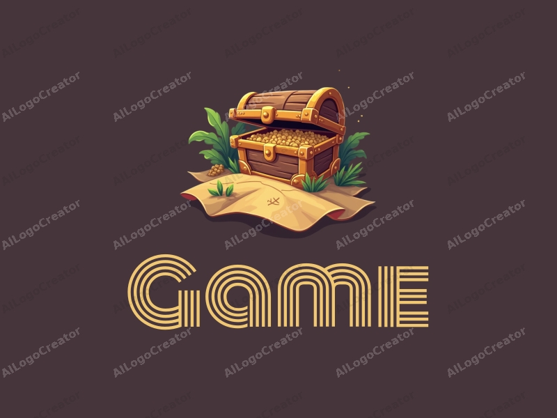 playful design features a colorful treasure chest and a stylized map, combined with a whimsical approach and a clean background.