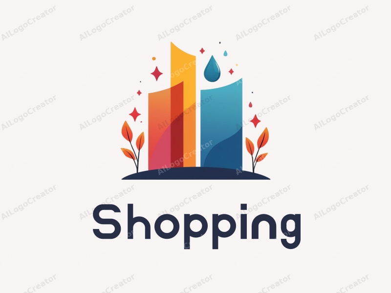 a modern design featuring a colorful shopping mall silhouette, integrated with stylized water droplets and gem shapes, creating a harmonious and clean composition.