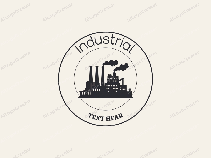 modern design features a stylized factory silhouette with gears and chimneys, utilizing a clean and simple composition with a focus on industrial elements.