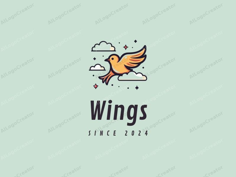 playful design features stylized wings and a bird in flight, surrounded by fluffy clouds, combined with a clean background.