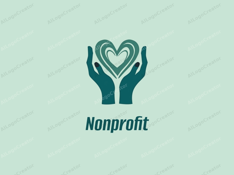 modern design features a stylized heart and hands symbolizing charity and volunteerism, combined with a clean background in blue and green tones.