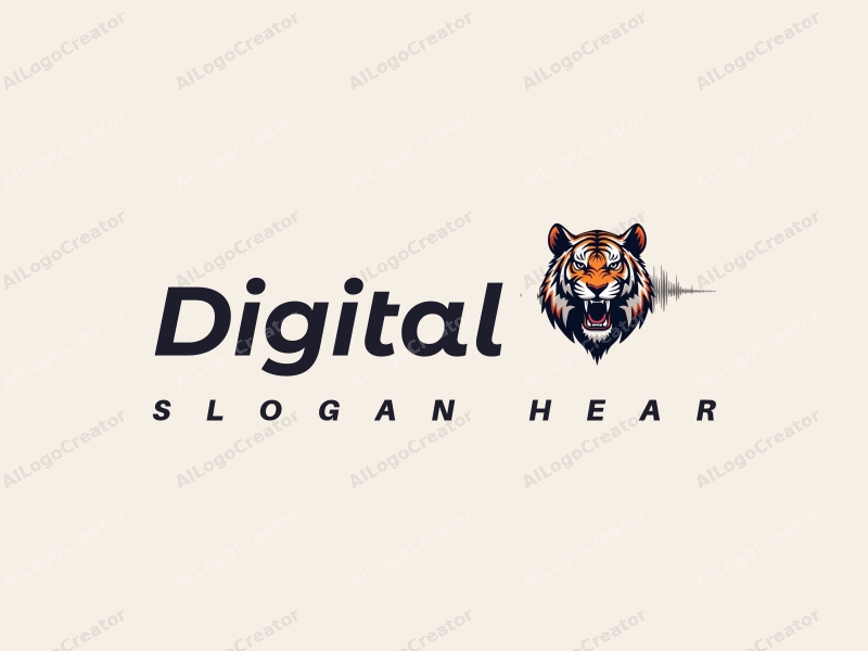 dynamic design features a stylized tiger intertwined with digital elements and sound waves, using a modern approach combined with a clean background.