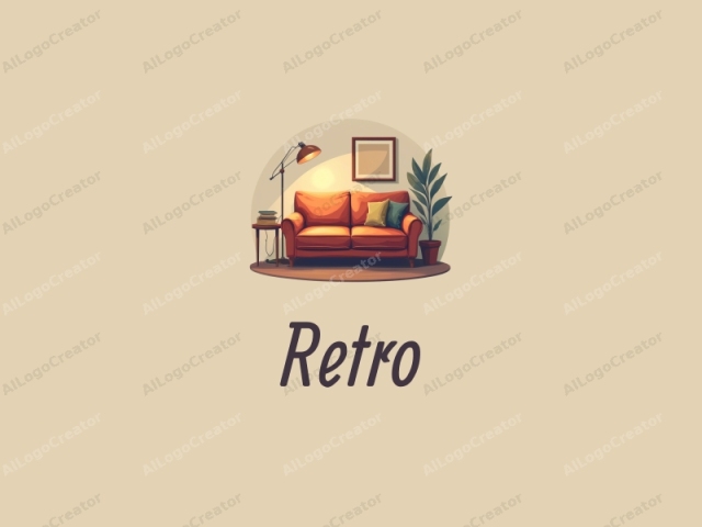 vintage design features a retro sofa, nostalgic lighting, and classic books, combined with a retro poster design approach and a clean background.