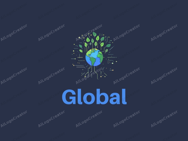 a modern design featuring a stylized Earth, interconnected network lines, a technology tree with digital leaves, and flowing data streams, combined with a clean background.