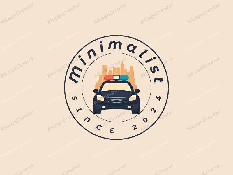 minimalist design features a stylized skyline with clean lines, integrated police light elements, and a tag style approach combined with a simple background.