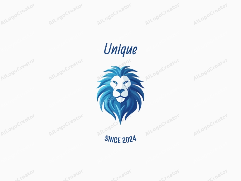 a modern minimalist design featuring a stylized blue lion within a badge, incorporating unique and innovative elements, set against a clean white background.