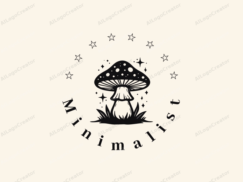 minimalist design features a stylized mushroom with magical elements, incorporating clean lines and a harmonious black and white color scheme.