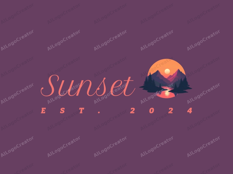 vintage design features a stylized sunset over mountains and lakes, with a harmonious blend of orange and purple colors, creating a serene and artistic atmosphere.