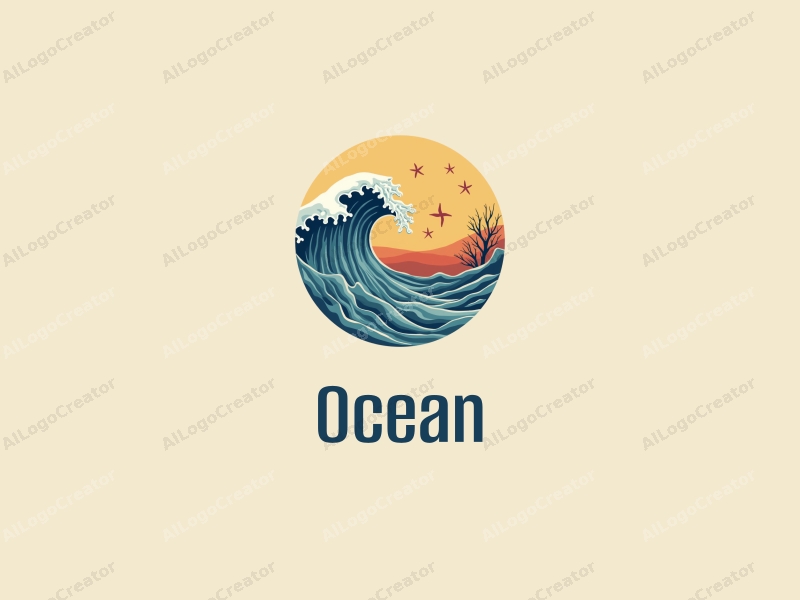 modern design features stylized waves, marine life elements like starfish and coral, combined with a clean background and a harmonious composition.