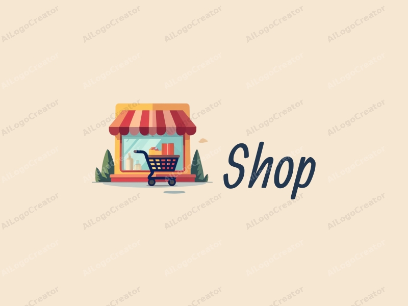 modern design features a stylized shop front, a shopping cart filled with products, combined with a clean background and a harmonious layout.