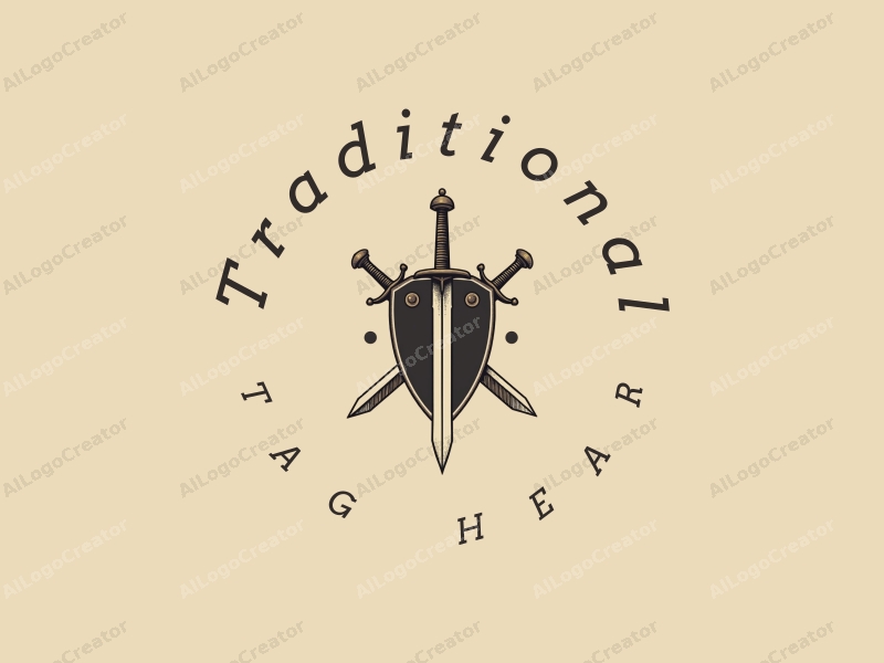 vintage design features a classic sword and shield intertwined, with traditional craftsmanship elements, set against a clean beige background.