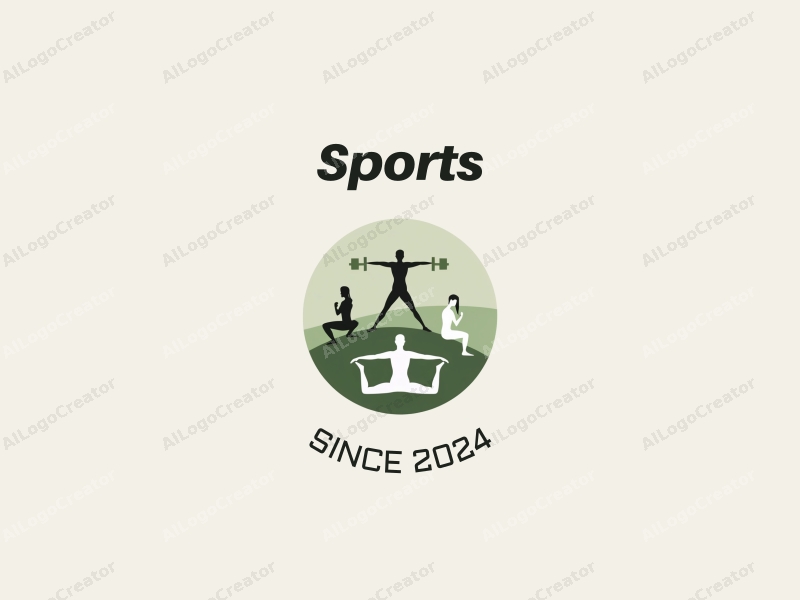 a modern minimalist design featuring stylized representations of yoga poses and strength training equipment, combined with a clean background in green and white colors.