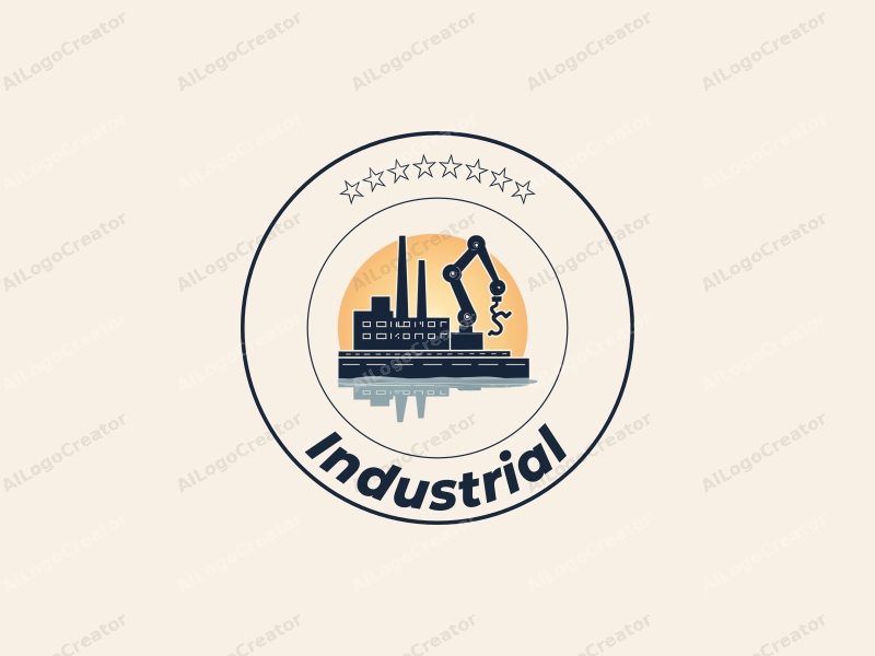 modern design features a stylized factory silhouette, a robotic arm, and a conveyor belt, combined with a clean background and a harmonious composition.