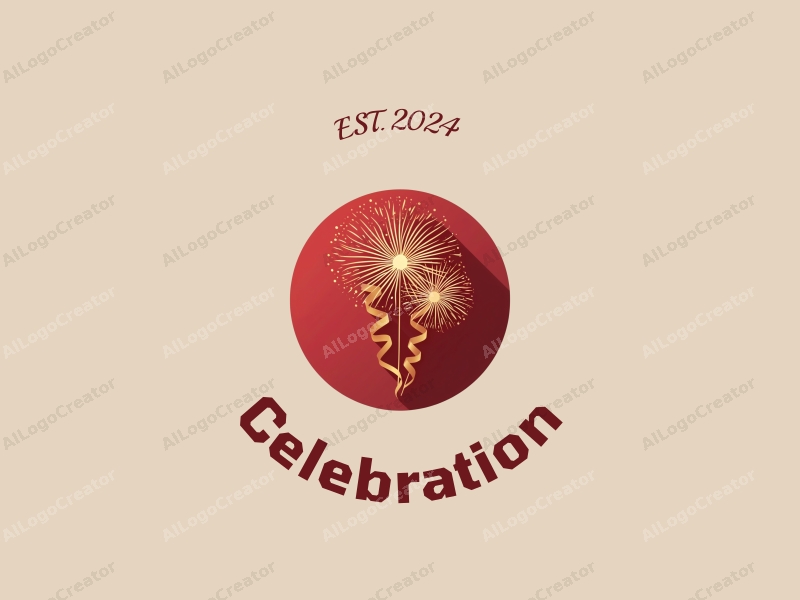 a cheerful design featuring vibrant fireworks and flowing ribbons in gold and red, embodying a festive atmosphere with a clean and harmonious composition.