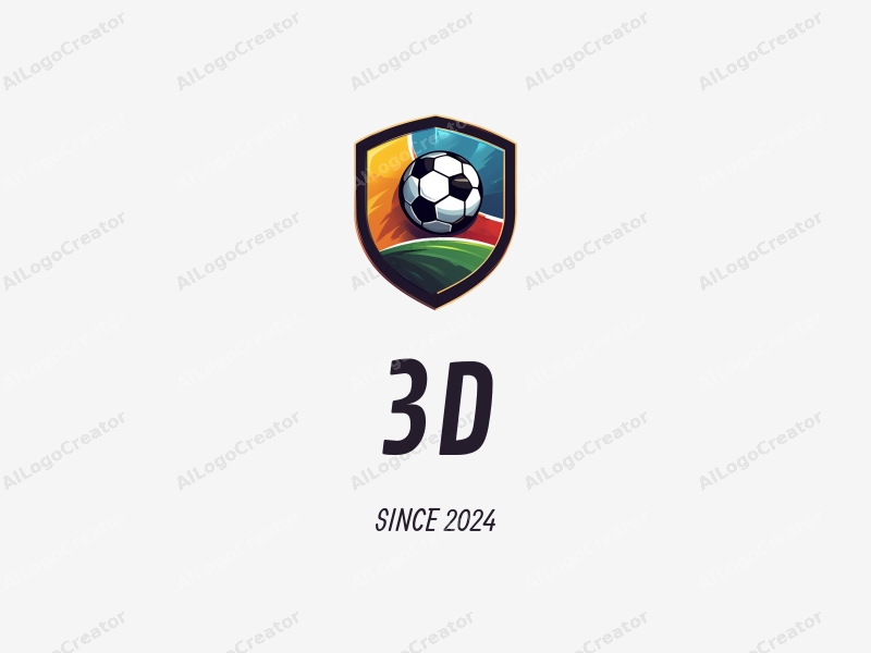 a modern design featuring 3D dynamic elements, a stylized football, and a badge shape, combined with a colorful background.