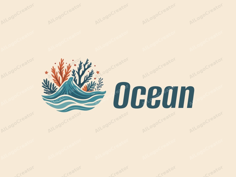 a modern design featuring stylized waves, marine life including coral and starfish, combined with a clean background and a harmonious composition.