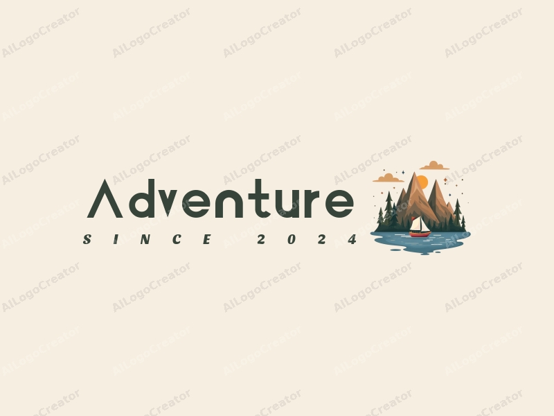 playful design features stylized mountains and sailing elements, combined with adventure and exploration themes, set against a clean background.