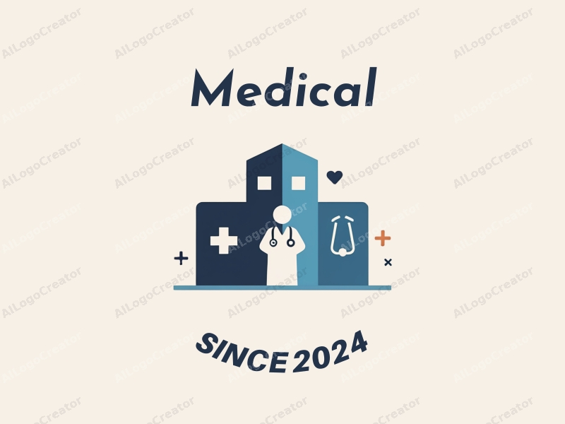 modern design features a stylized hospital silhouette, a doctor figure, a stethoscope, and a pill, combined with a clean background.