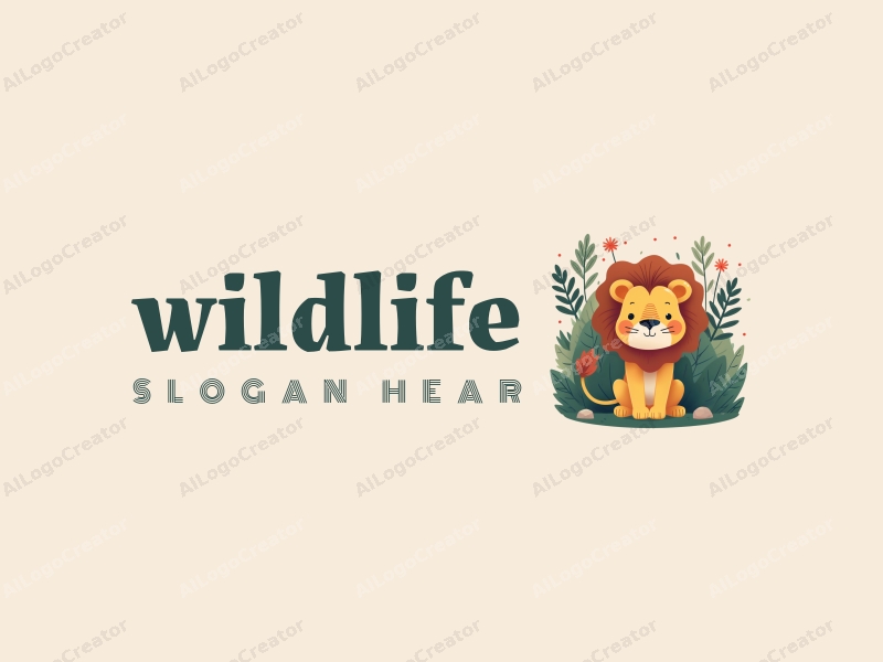 playful design features a stylized lion amidst a vibrant forest, incorporating elements of wildlife and nature, with a clean background and natural color tones.